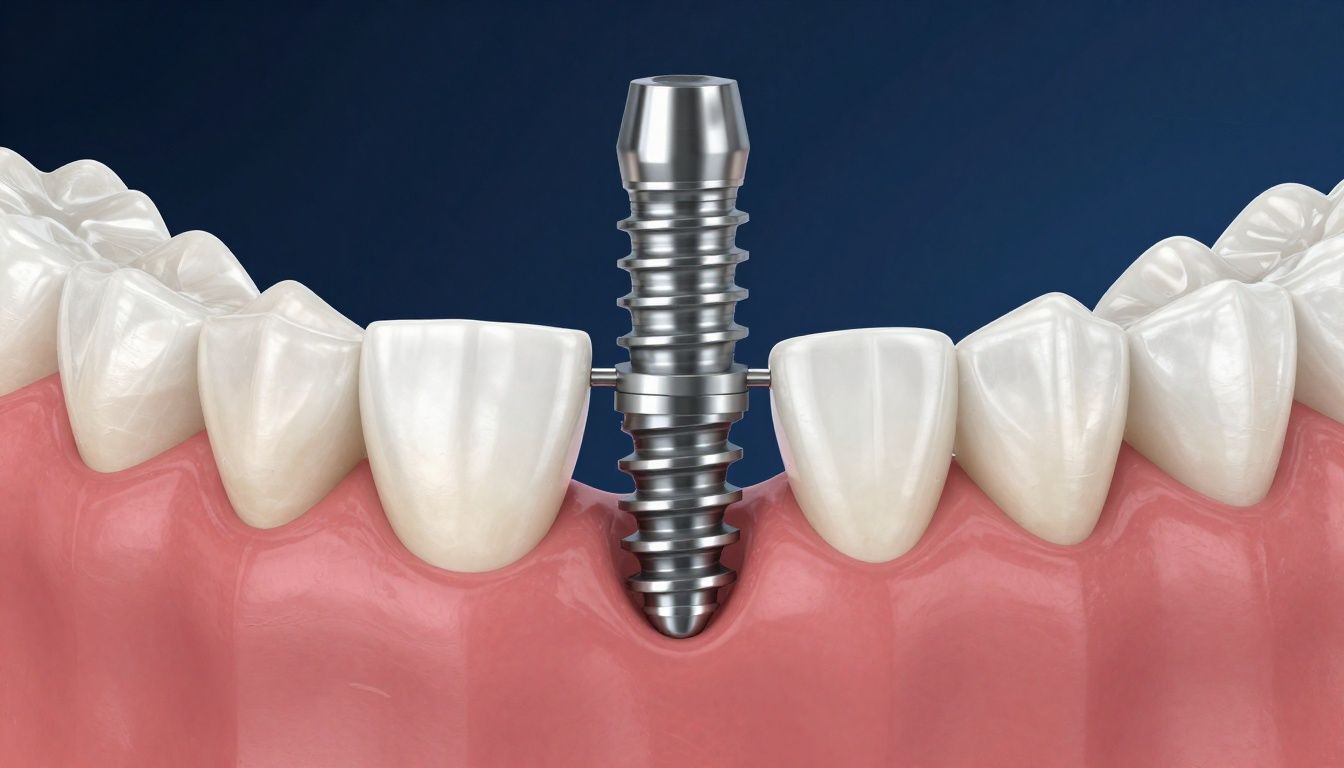 A diagram showing the three parts of a dental implant: the post, the abutment, and the crown
