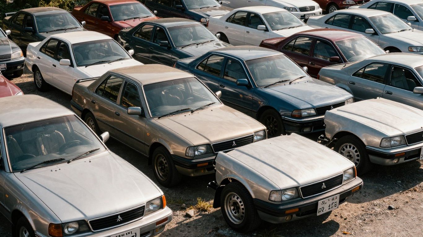 Mitsubishi cars at a wrecking yard.