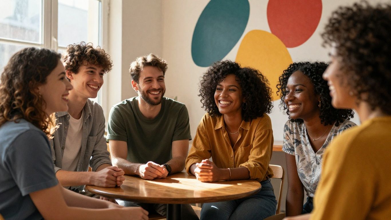 Pessoas diversas sorrindo e conectando-se em um ambiente acolhedor.
