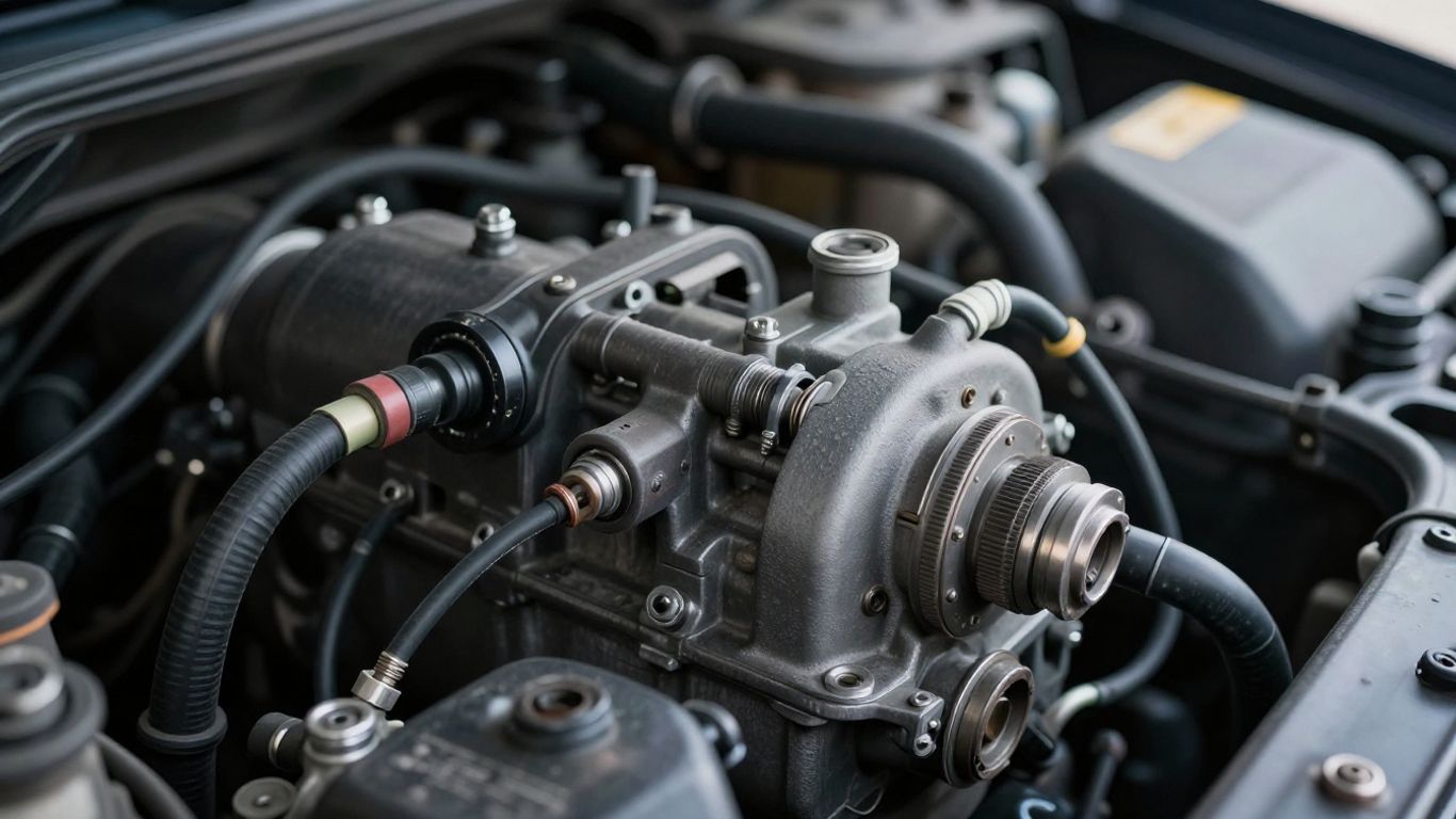 Car fuel pump disconnected in engine bay, causing breakdown.