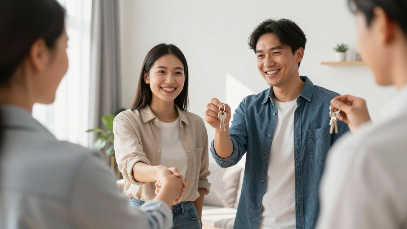 Real estate agent handing keys to happy buyers.
