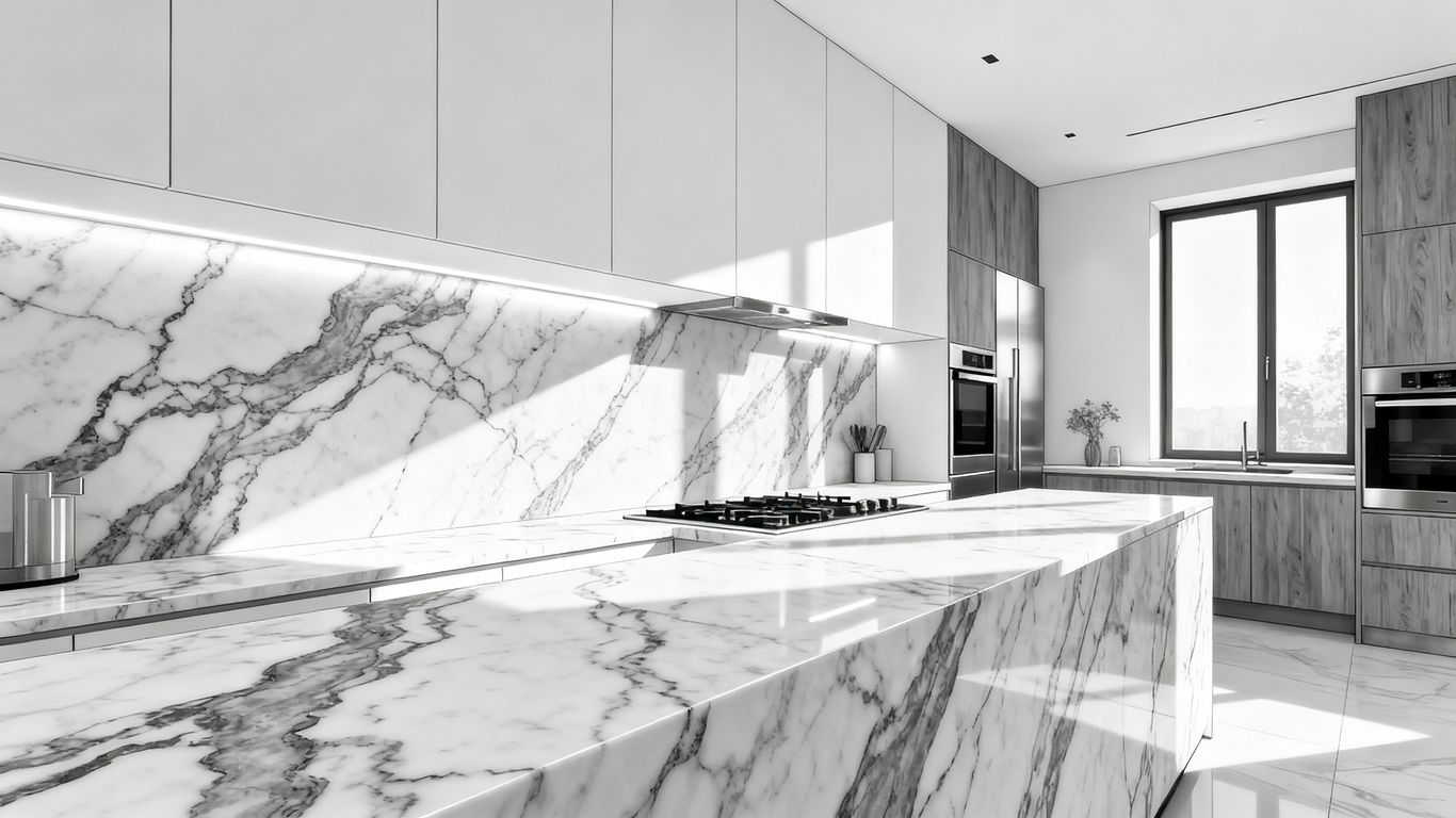 A kitchen with white marble countertops