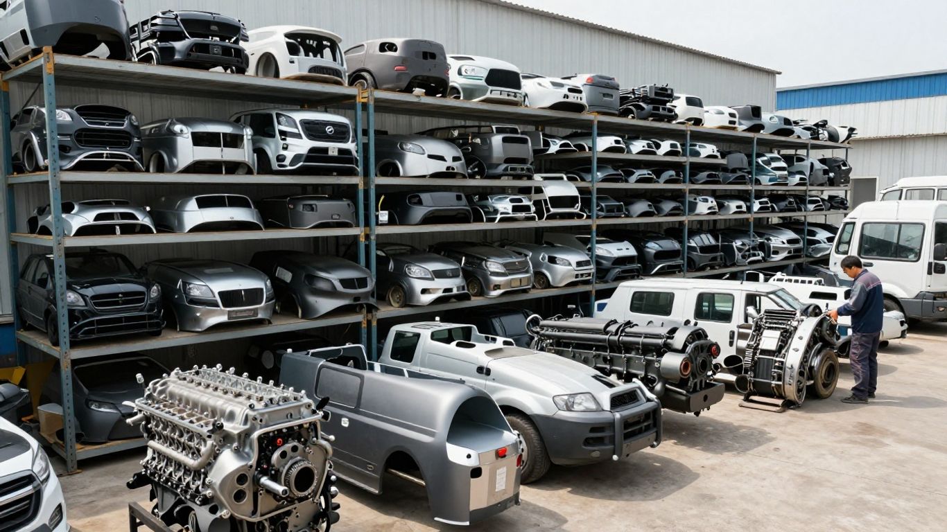 A professional dismantling yard with organized van parts