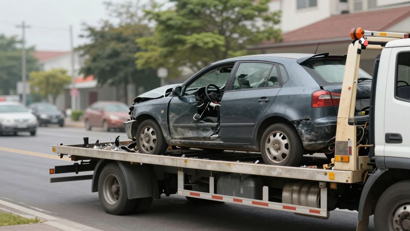 Tow truck recovering a damaged car after an accident.