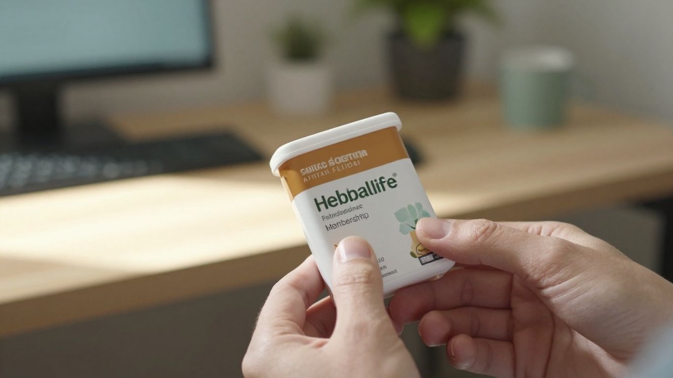 Herbalife product in hand, home office background.