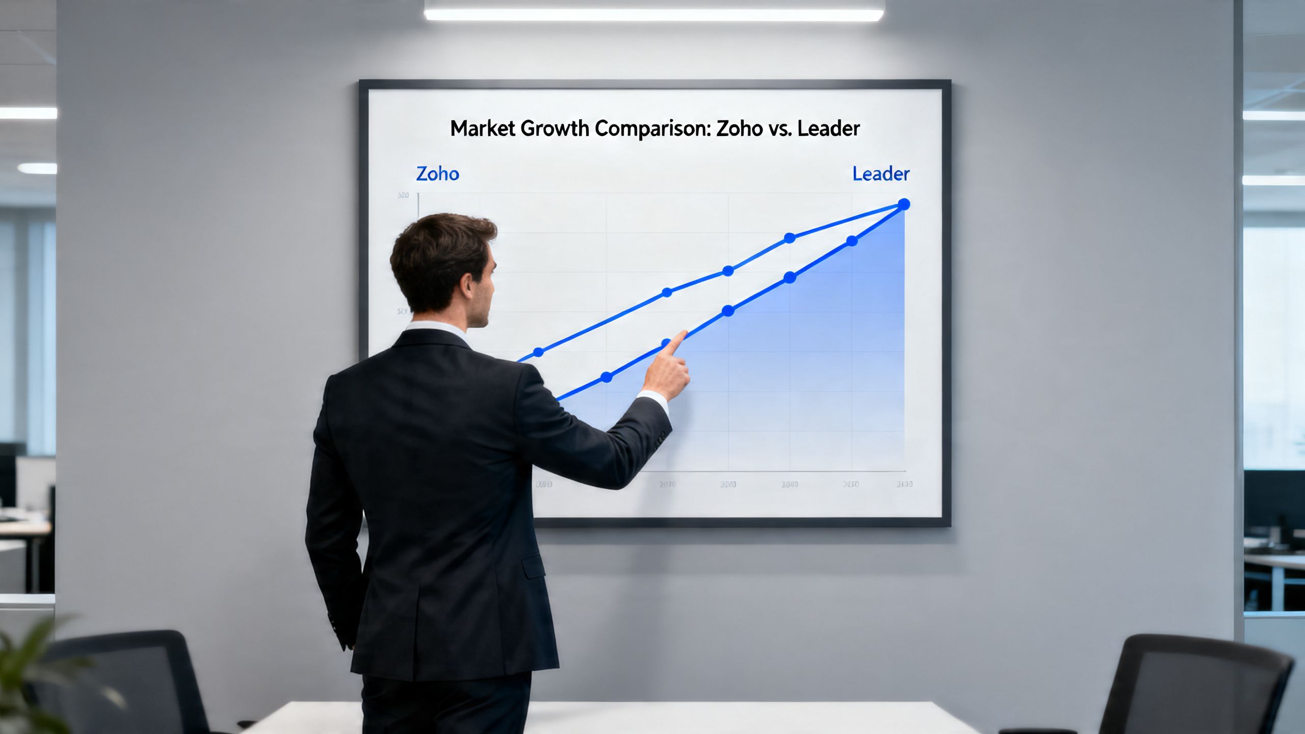 A business analyst pointing at a chart comparing two different growth trajectories, symbolizing a Zoho market comparison with Leader.
