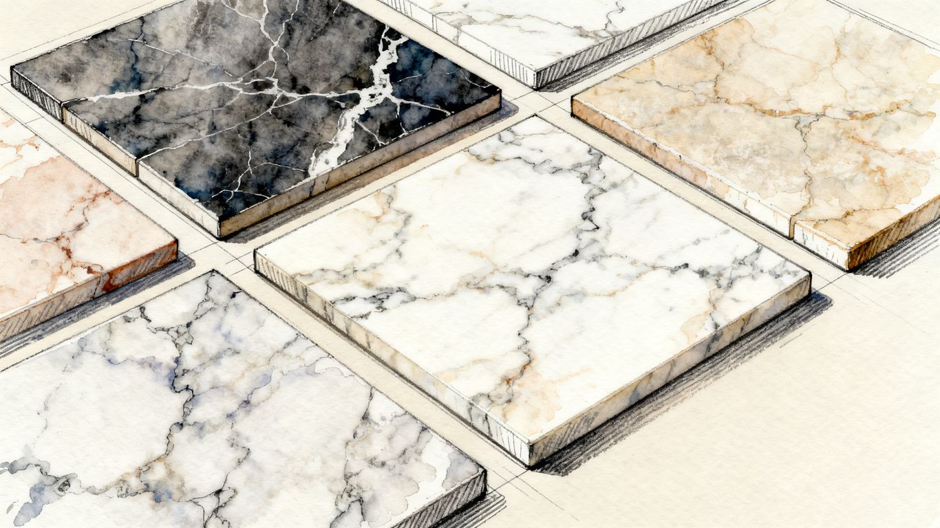 A diverse collection of black and white marble samples
