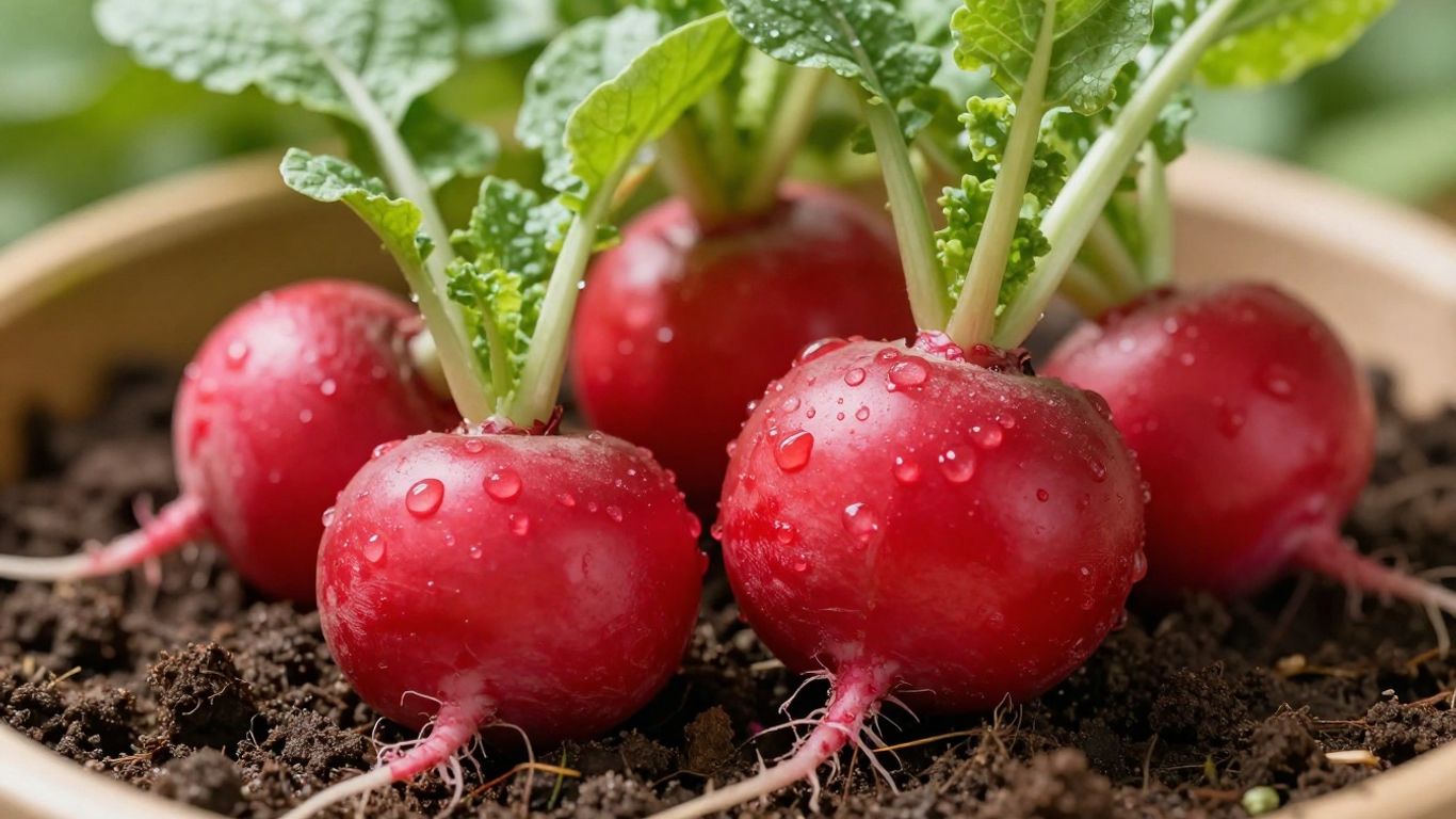 Frische Radieschen mit grünen Blättern wachsen im Boden.