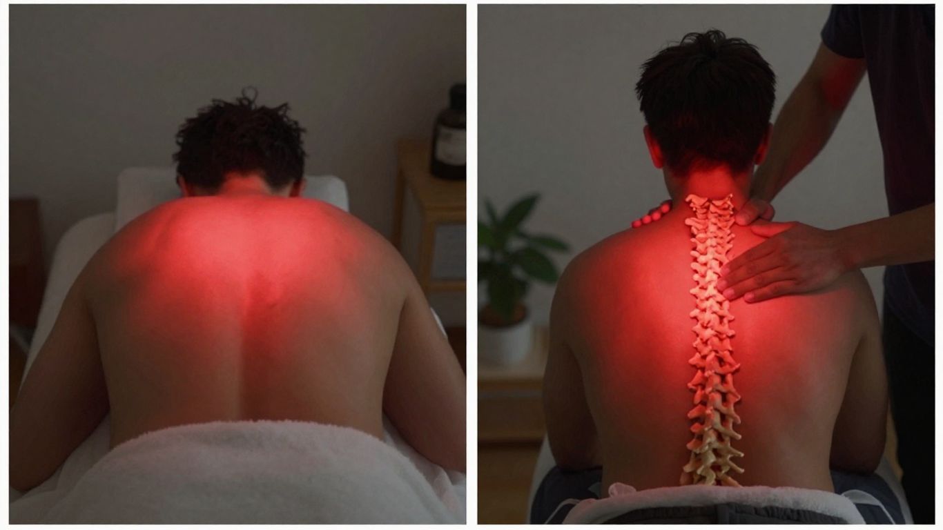 Red light therapy and chiropractic adjustment for healing.