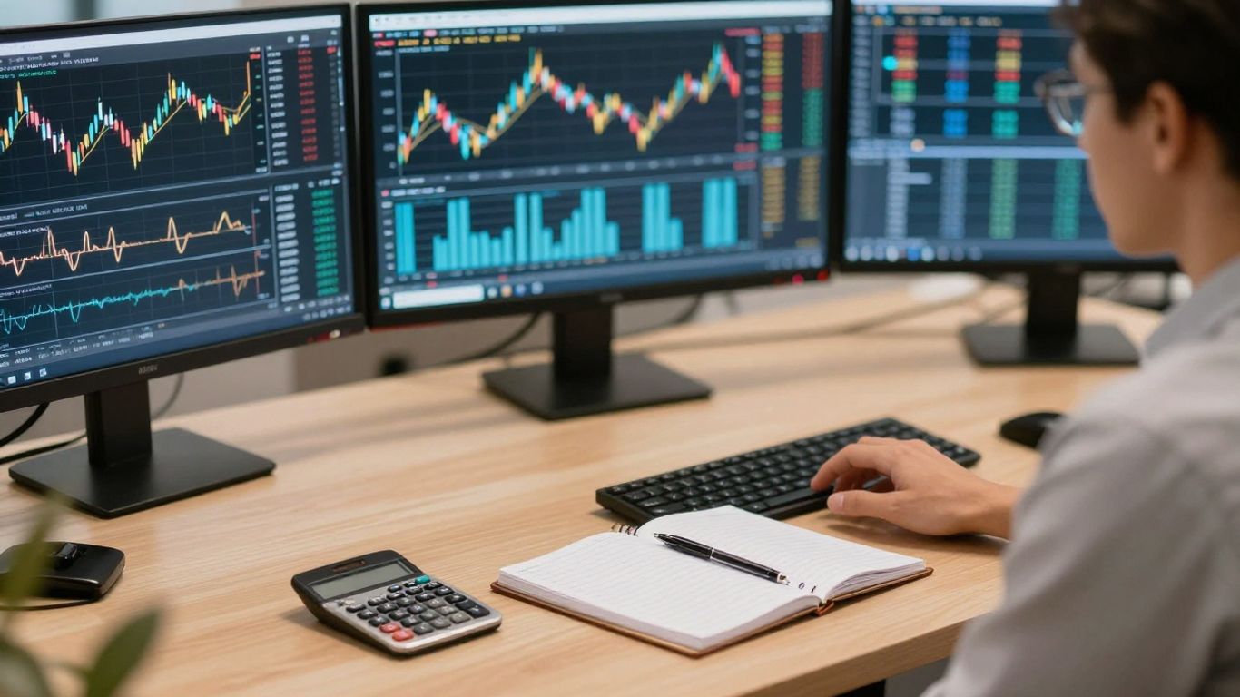 Trader reviewing profit target rules beside futures charts