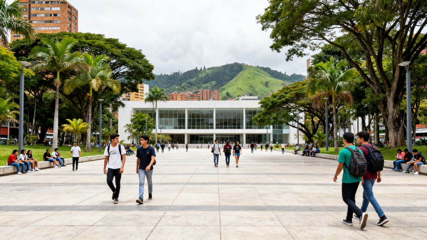 Visitors walking through a Medellín university plaza