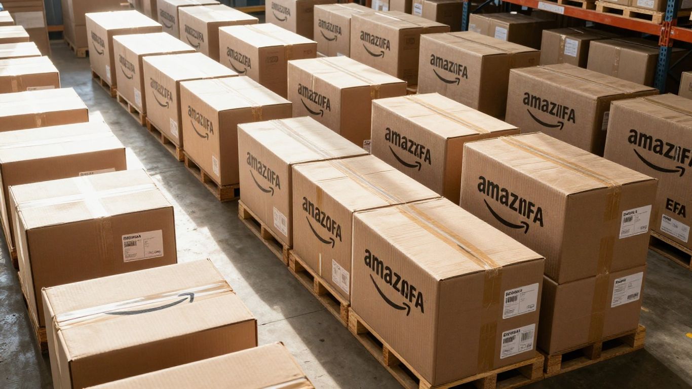 Amazon FBA inventory boxes stacked in a warehouse.