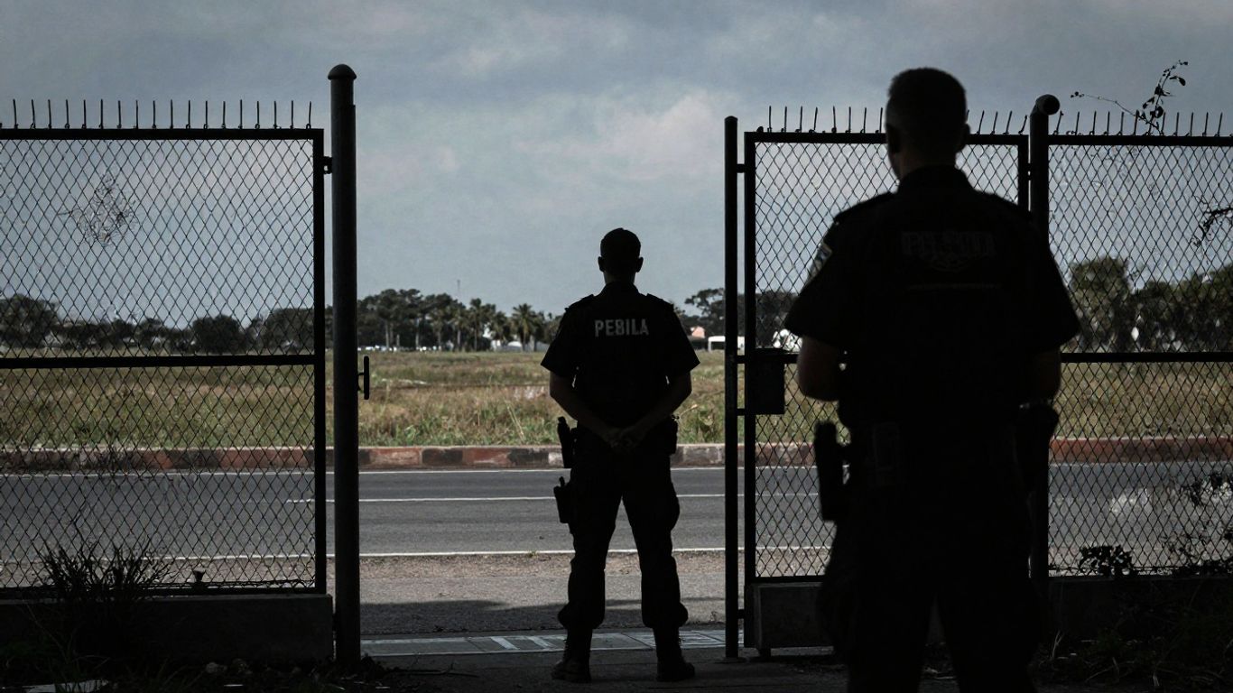 Border crossing with official and silhouette of person.