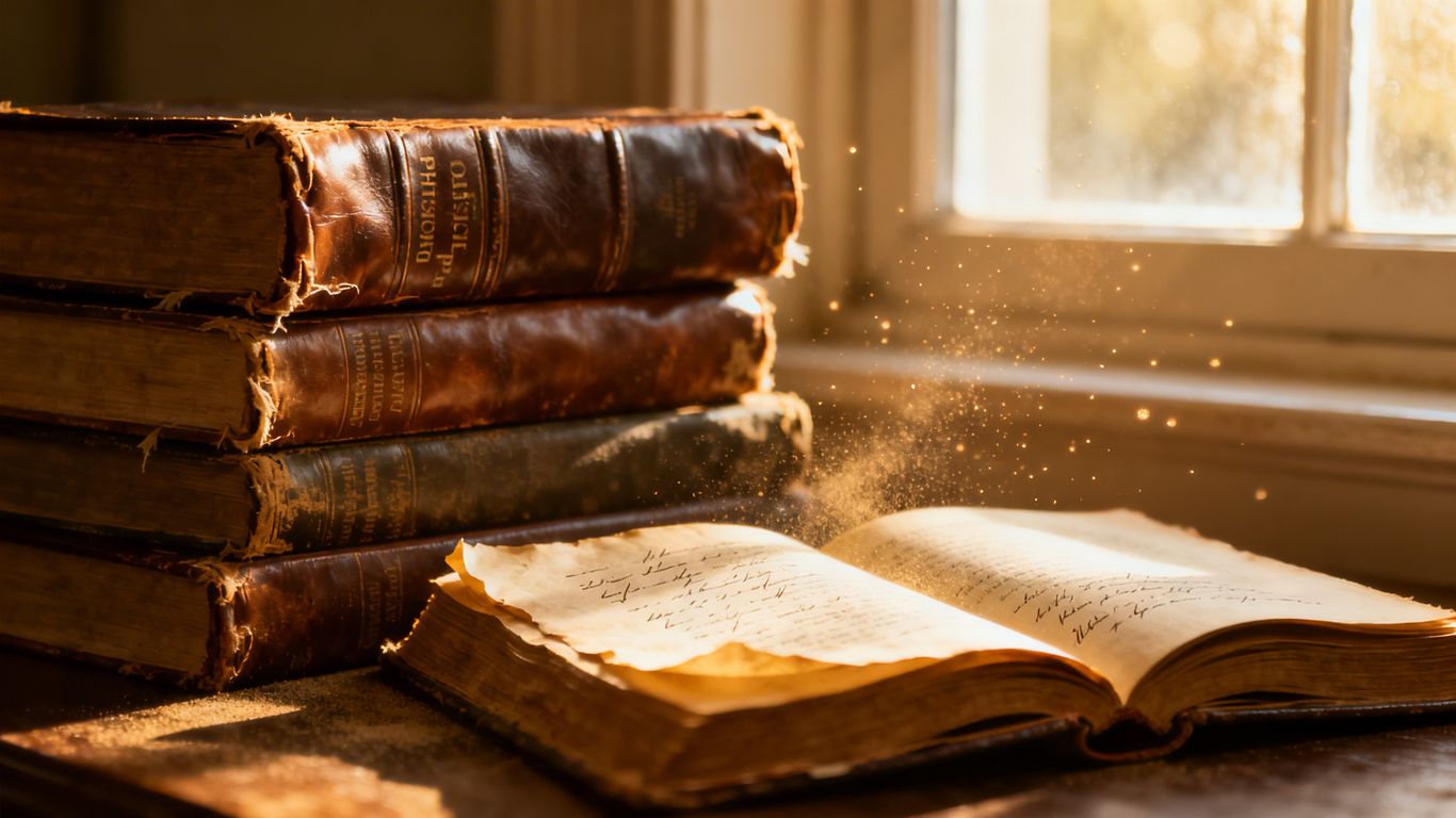 Stack of classic philosophy books with sunlight.