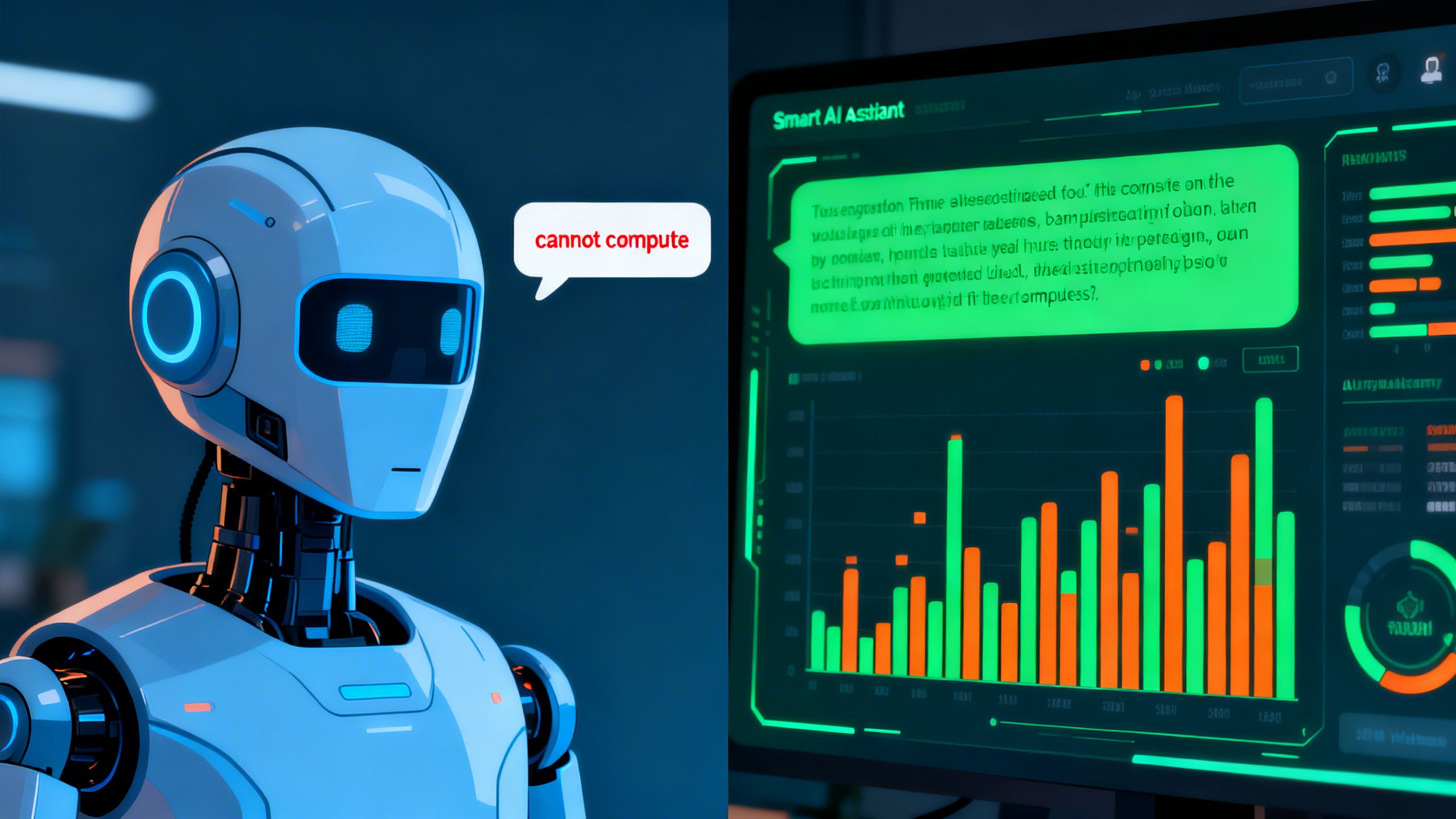 A split-screen image. On the left, a generic chatbot gives a 'cannot compute' error. On the right, a smart AI assistant provides a detailed, helpful response with charts and data points.