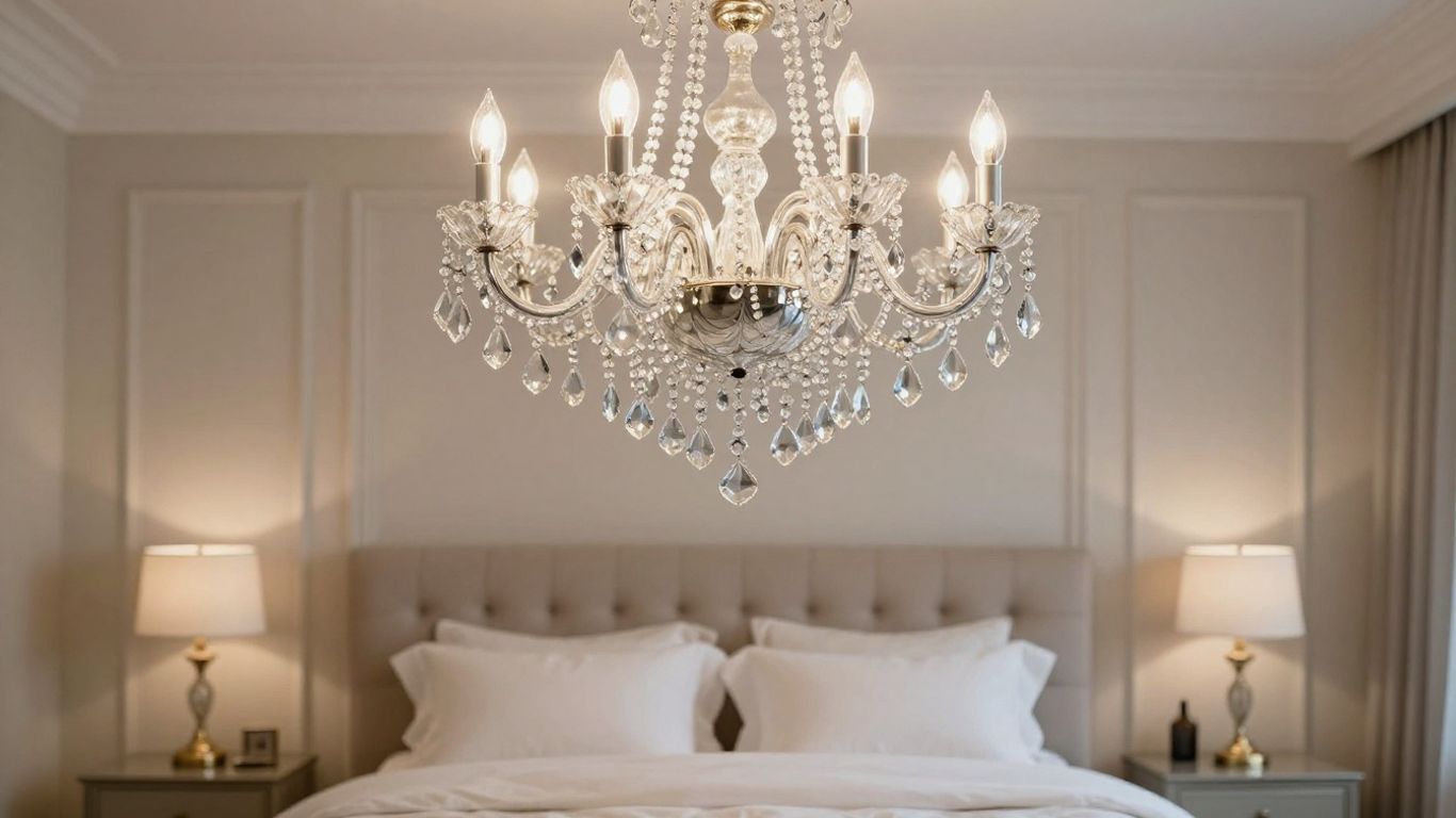 Elegant bedroom chandelier illuminating a luxurious sleeping space.
