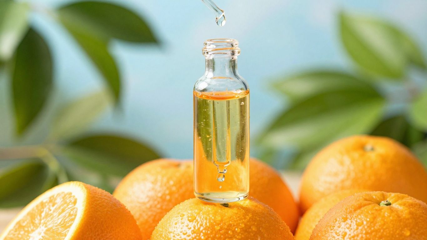 Dropper bottle with liquid vitamin D and fresh oranges.
