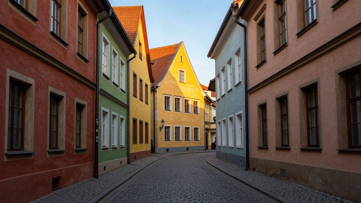 A historic cobblestone street scene in a German city