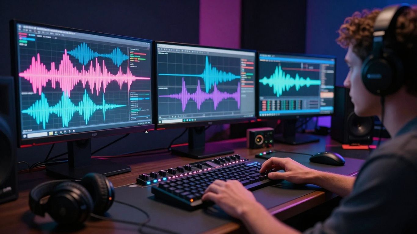 AI video production studio with musical visuals