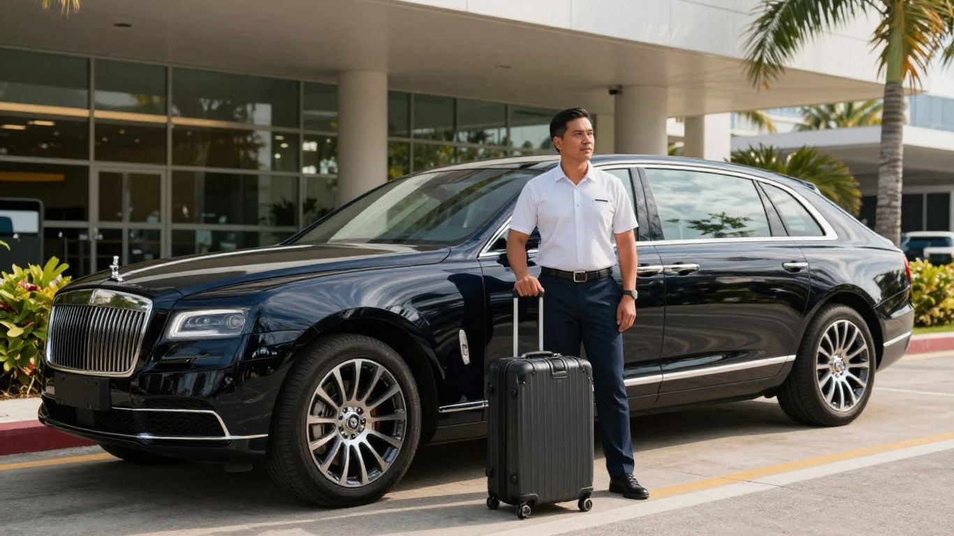 Professional chauffeur beside clean airport vehicle