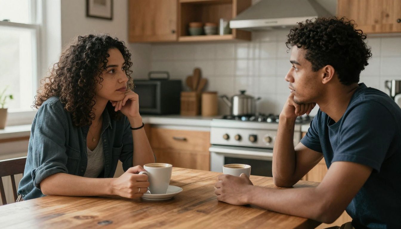 Two diverse friends having a serious but calm conversation over coffee at a sunlit kitchen table, showing respectful engagement.