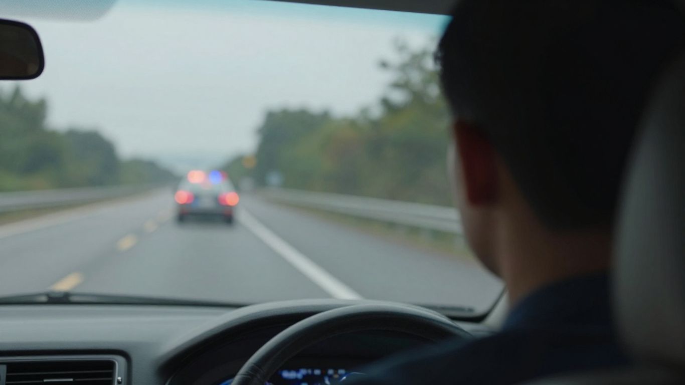 Driver's view of a road with distant flashing lights.