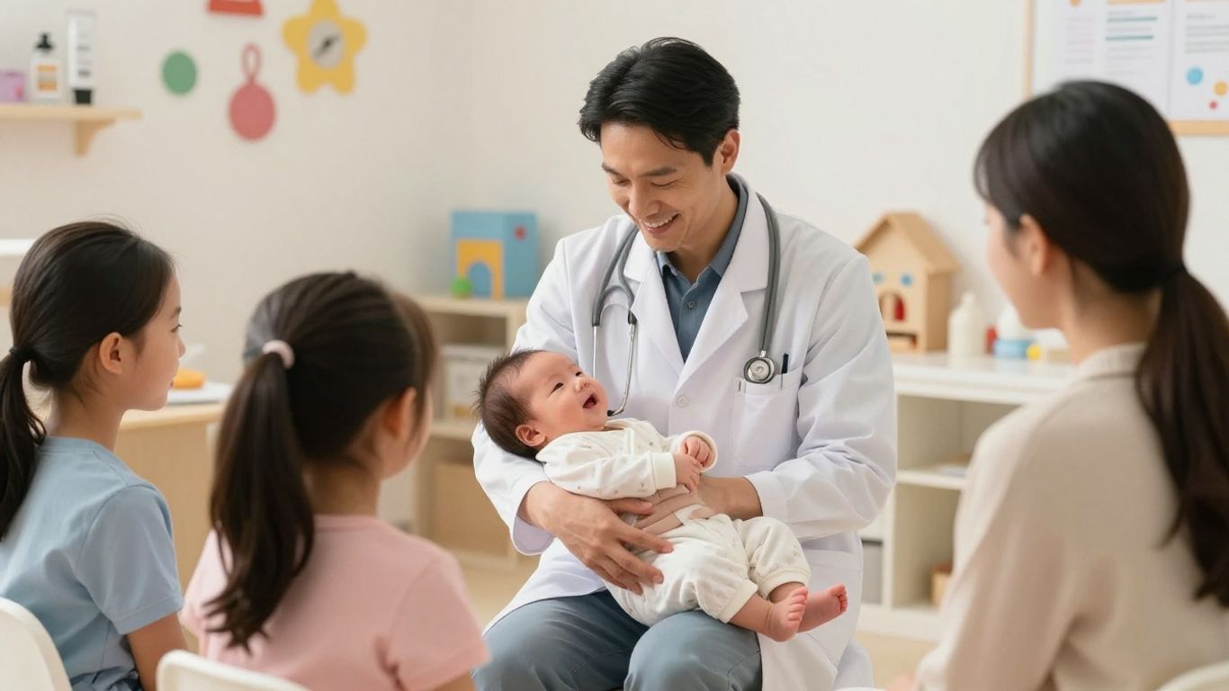 Doctor examining a newborn baby in a pediatrician's office.
