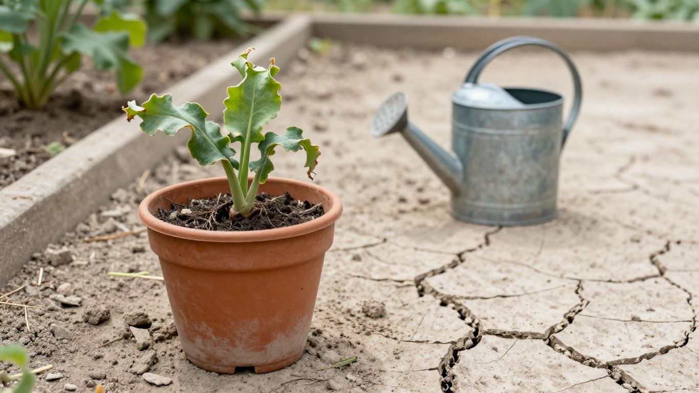 Verwelkte Pflanzen im trockenen Garten bei Hitze