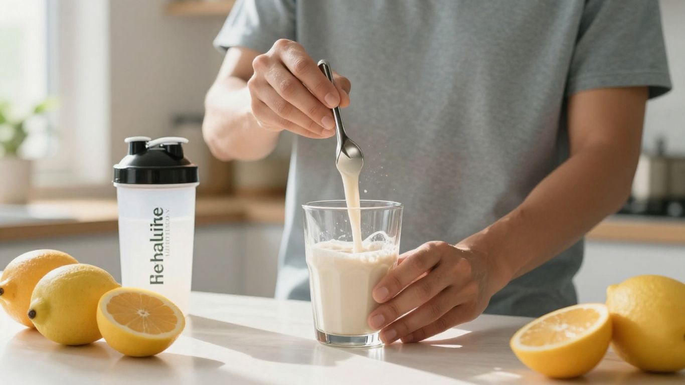 Person making Herbalife protein drink in sunny kitchen