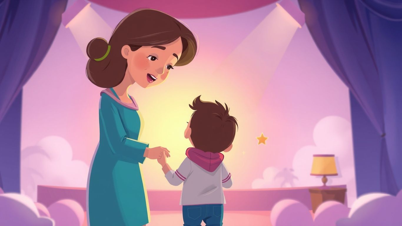 Mother and child in spotlight, nurturing talent.