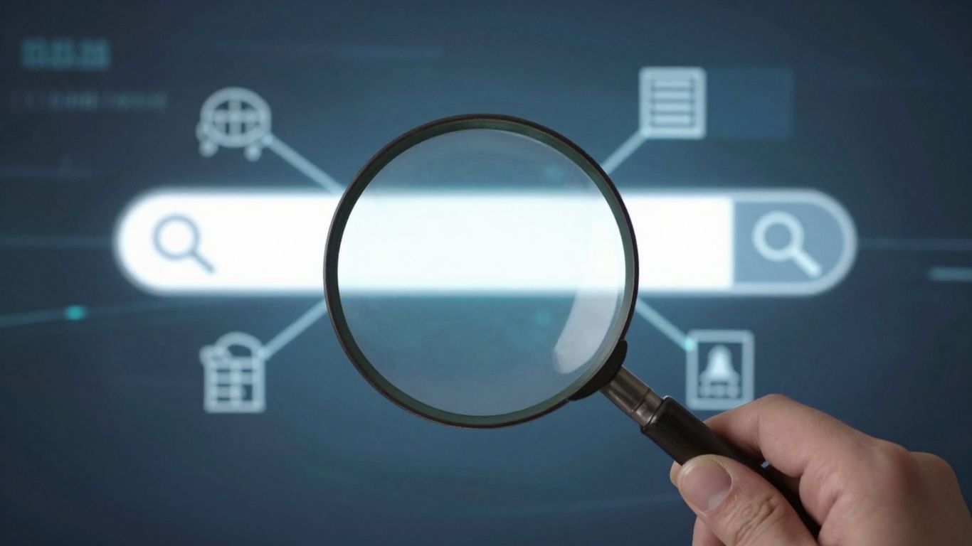 Magnifying glass over digital landscape, search marketing concept.