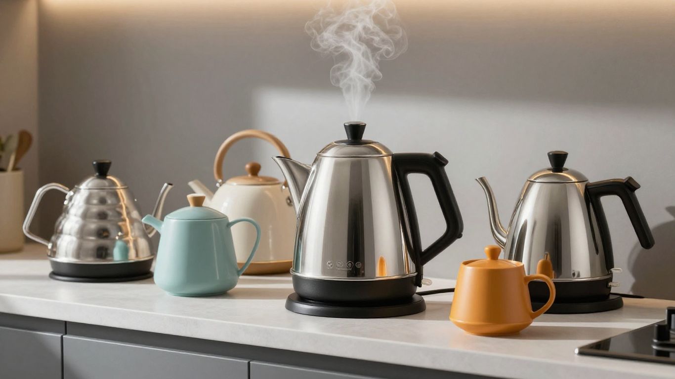 Sleek electric kettles on a kitchen counter, on sale.