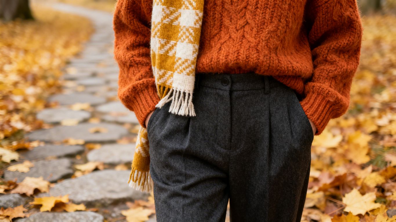 Fall fashion trends: cozy knit sweater, wool trousers, autumn leaves.