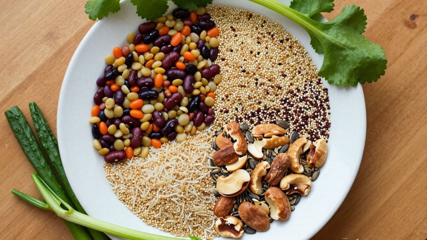 Plate map with plant-based protein sources for amino acid completeness.