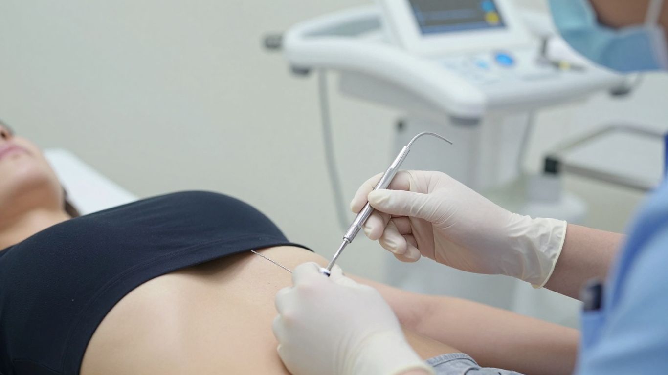 Profissional de saúde inserindo DIU em consultório médico.