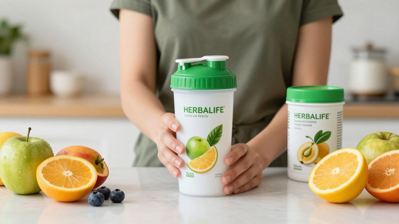 Person with Herbalife products and fresh fruits smiling