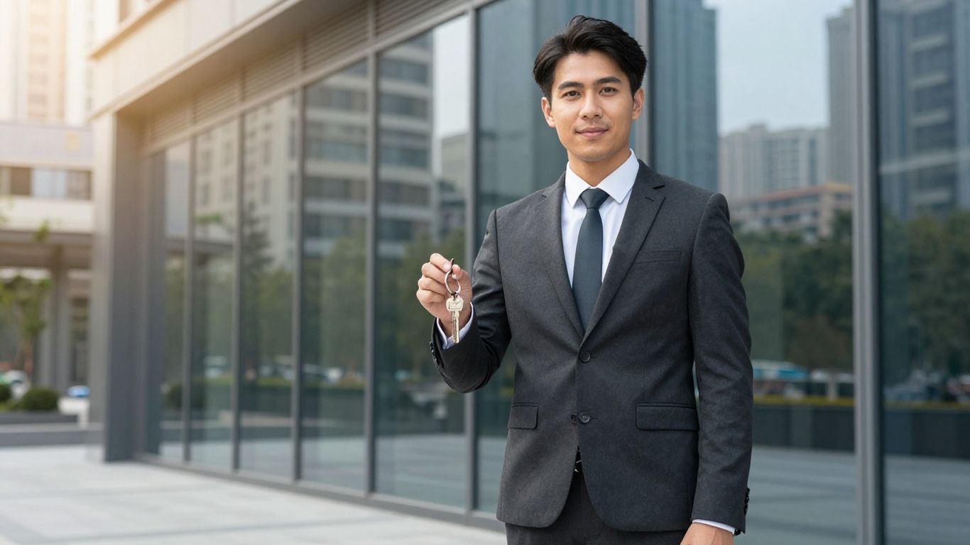 Real estate broker with keys in front of office