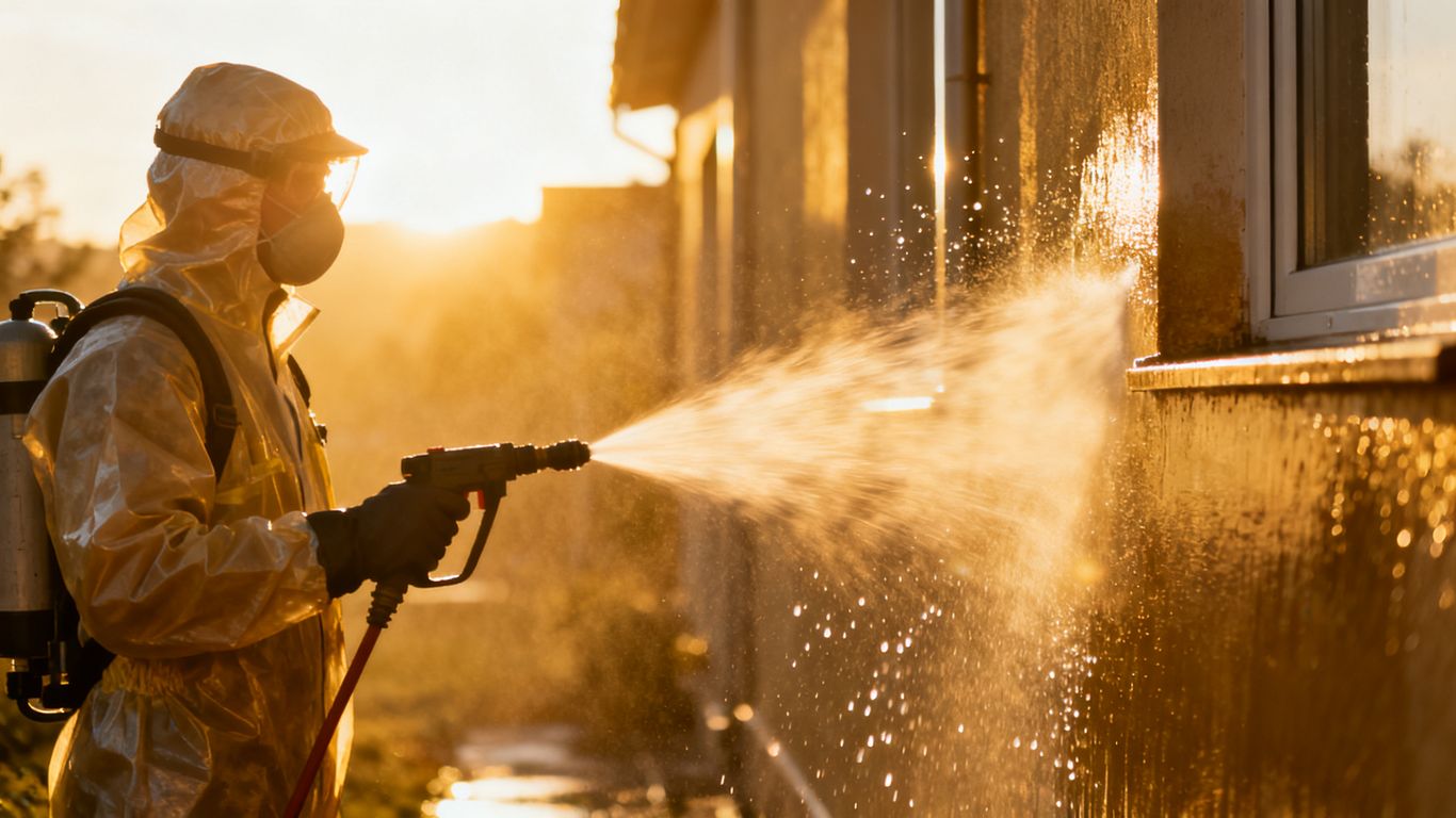 Person power washing a house in warm weather.