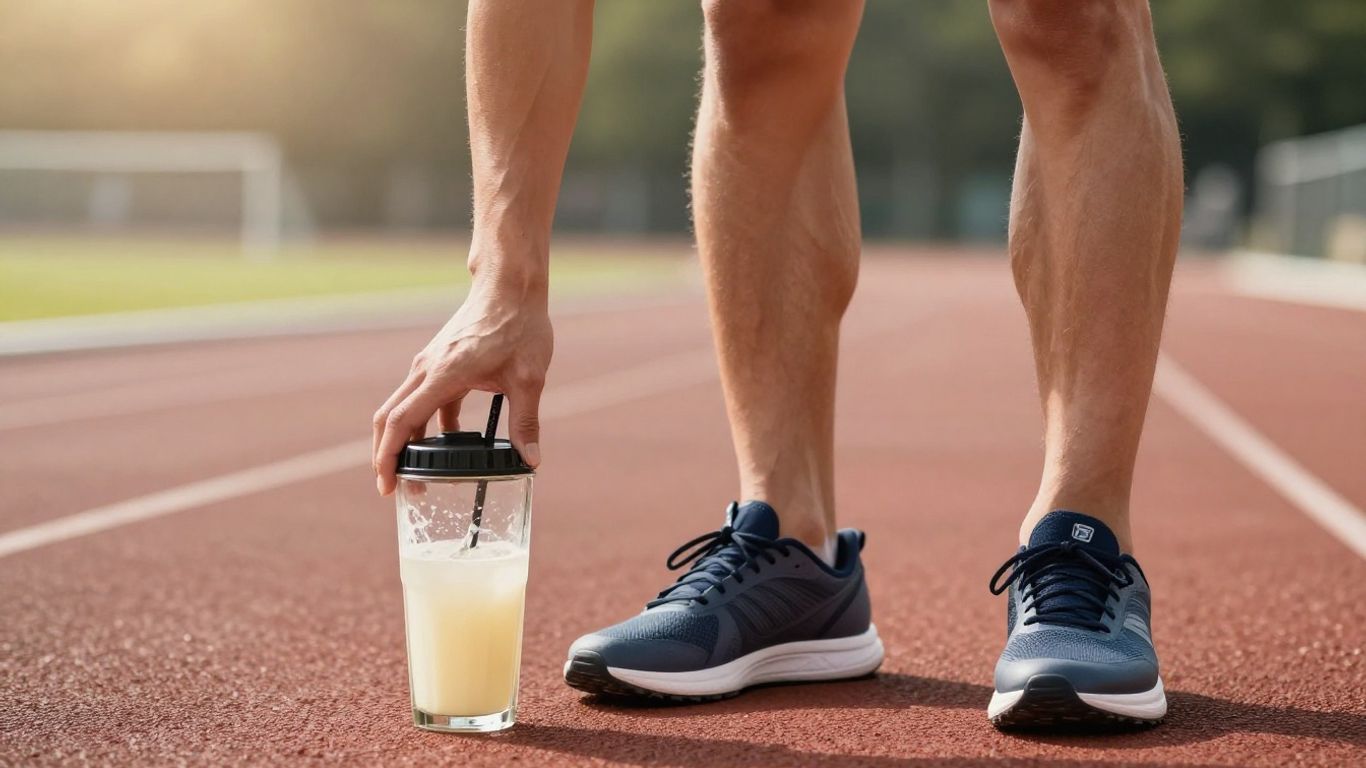 Runner's legs and protein shake after a long run.