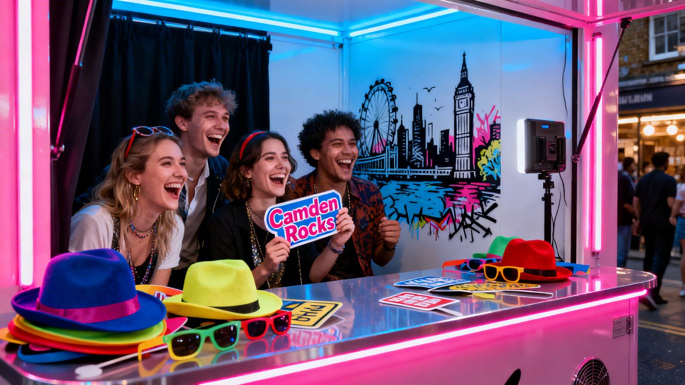 Camden photo booth with people and props.