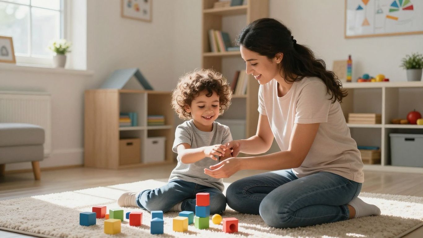 Preschooler and therapist interacting with blocks.
