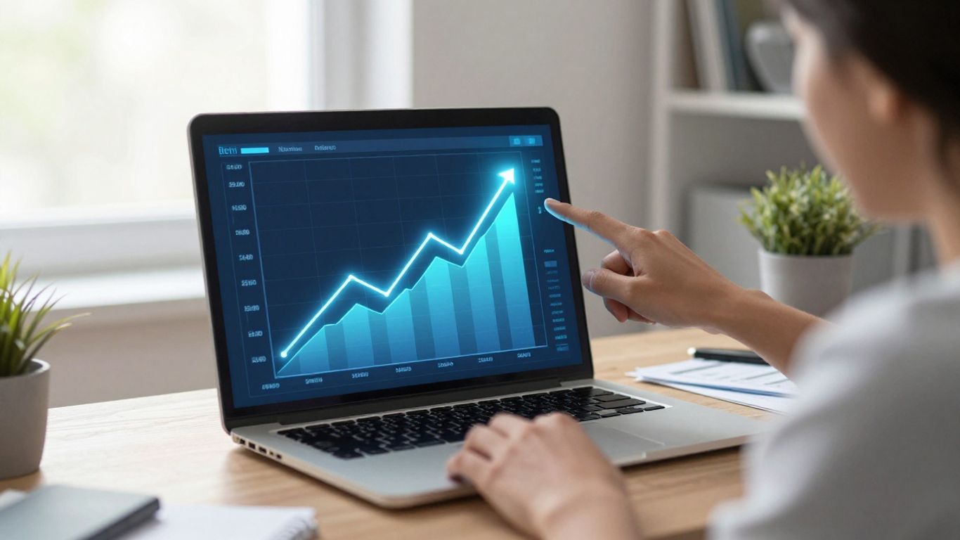 Gráfico de crescimento financeiro digital em tela de computador.