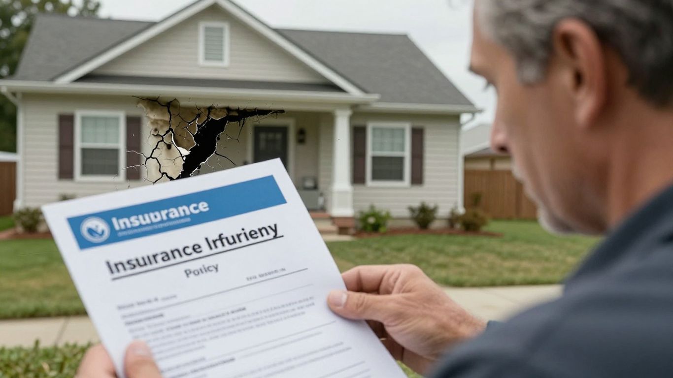 Casa dañada con persona preocupada y póliza de seguro.