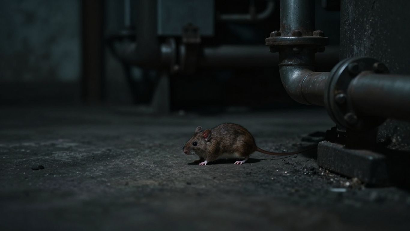 Rodent in a dark industrial facility near pipes.