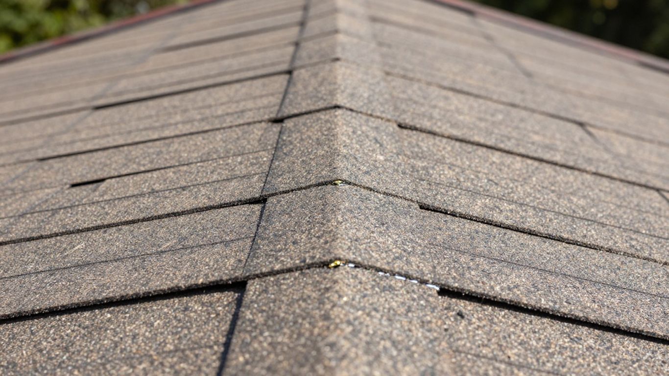 Roof valley installation with shingles and flashing.