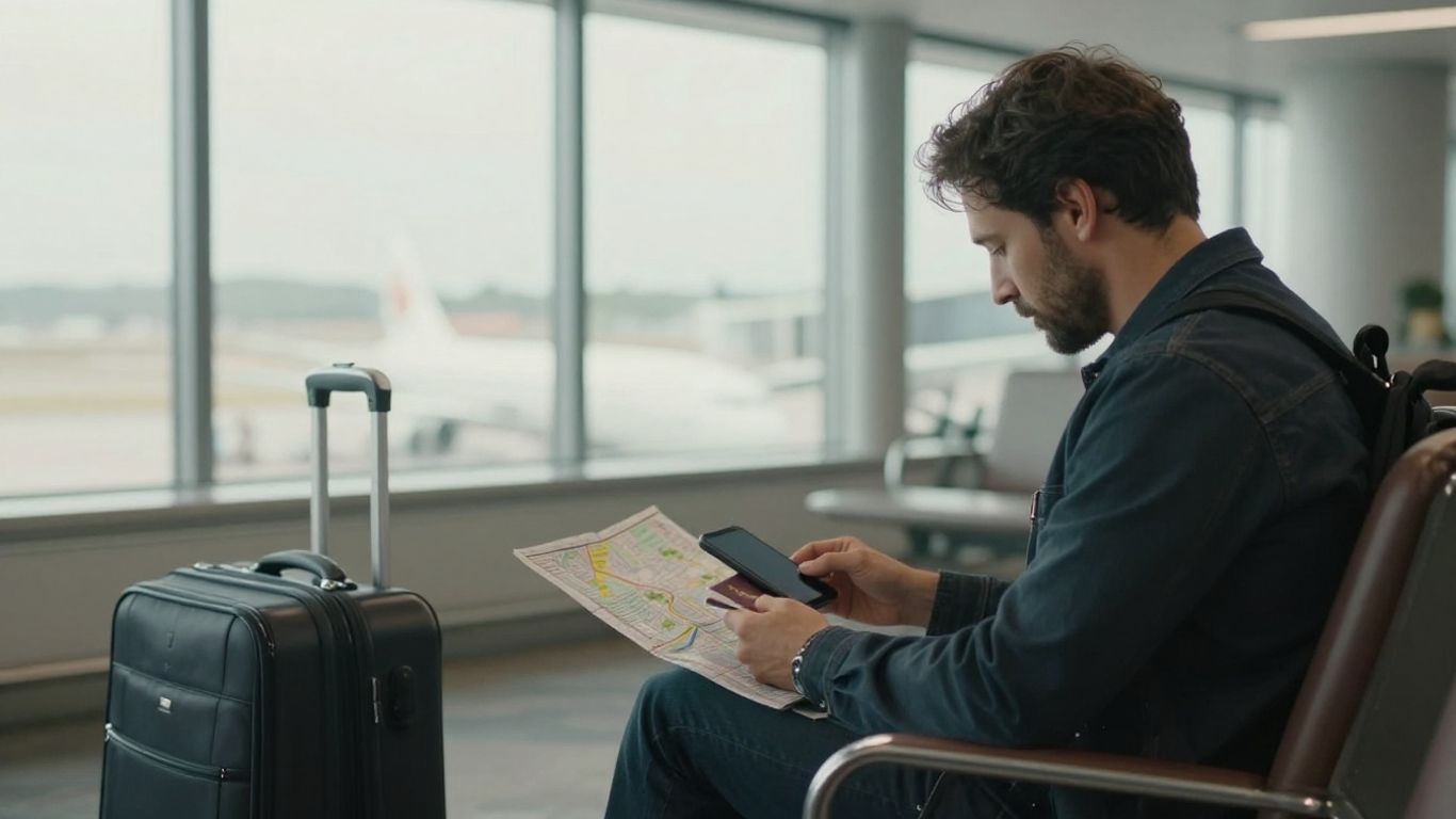 Traveler reviewing official US travel information beside a packed passport wallet