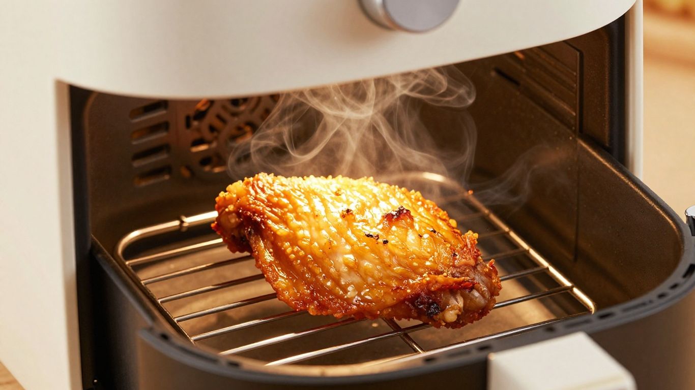 Crispy air fryer chicken wing on a rack