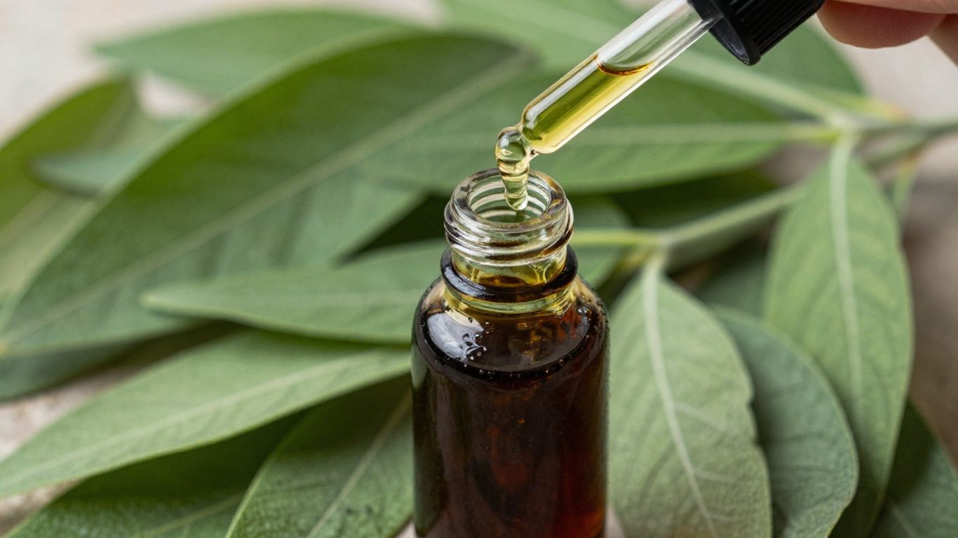 Patchouli oil pouring from dropper into vial with leaves.