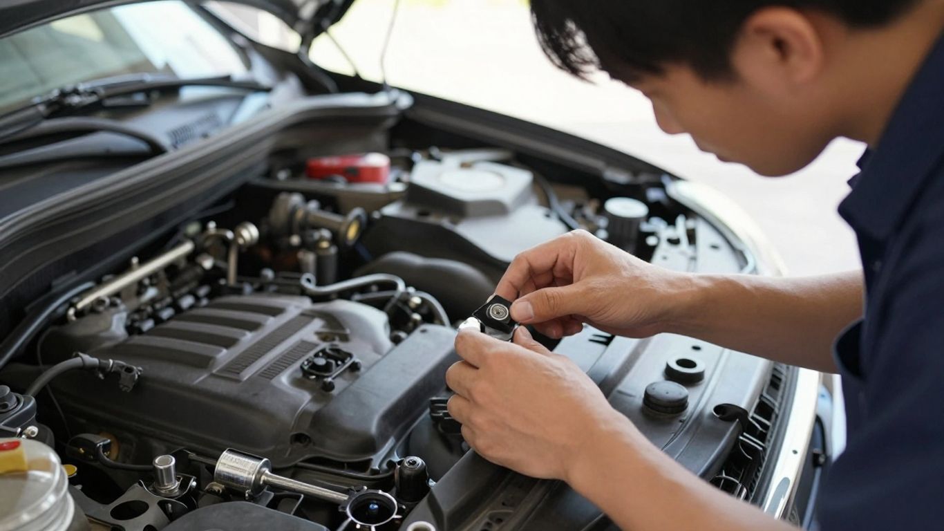 Mechanic checking an engine code beside a car
