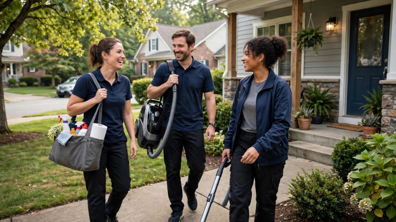 Cleaning team arriving at a neighborhood home